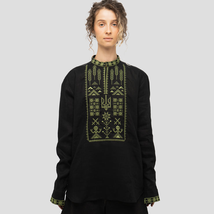 Linen Vyshyvanka “Syla” – Black Embroidered Shirt