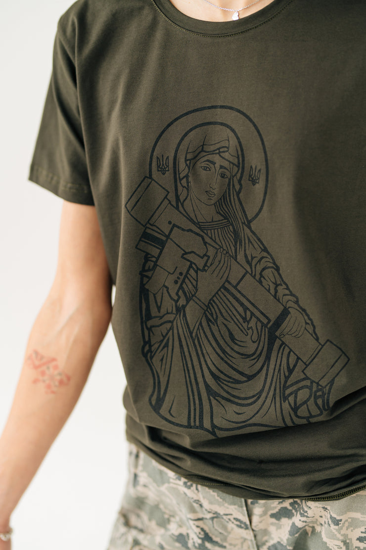 Saint Javelin Army Green Outline Adult TShirt. Made in Ukraine product. Ukrainian Female Side Angle